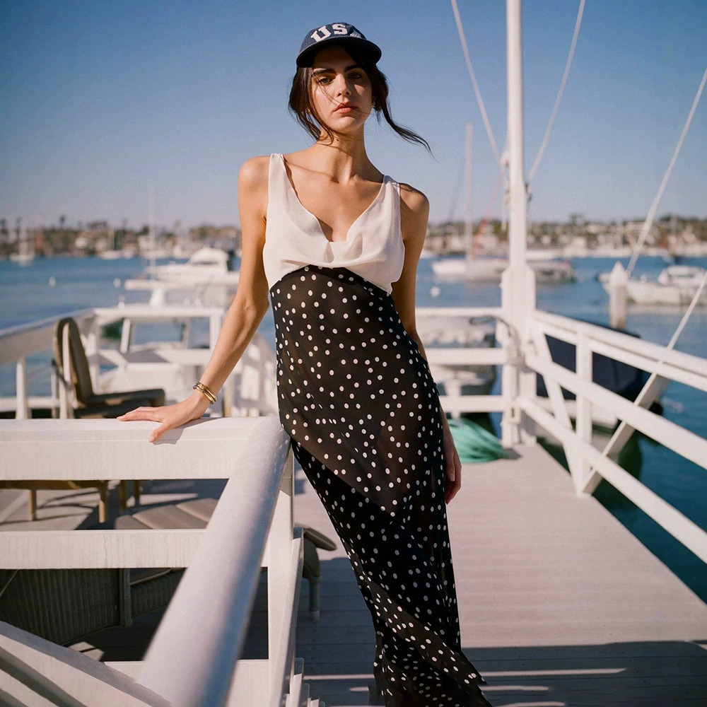 ZARA Black White Polka Dot Sheer Mesh Tie Neck Maxi Dress